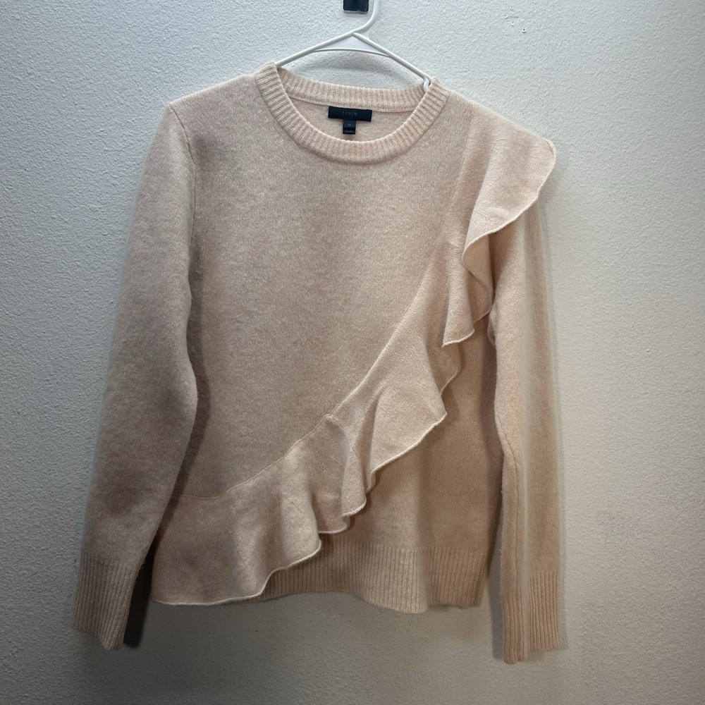 J. Crew 100% Merino Wool Ruffle Sweater Scoop Neck Quiet Luxury Blush Pink‎ M